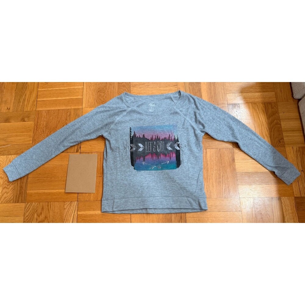 Arizona Jean Co Womens L Gray Let's Go Graphic Sweatshirt Forest Sunset Pullover